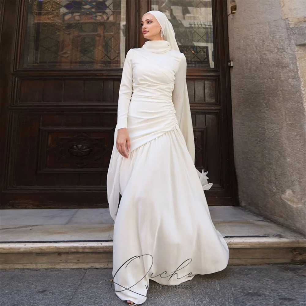 QICHE Bescheiden Plooi Moslim A-lijn Trouwjurk Vrouwen Lange Mouw Hoge Kraag Party Gown Vloerlengte Vestido De Novia Aangepaste