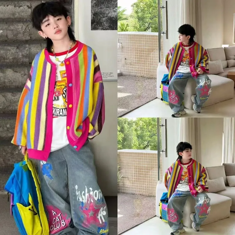 2026 Autumn New Boys and Girls Rainbow Jacket Children's Fashion Versatile Cardigan + Printed Loose Wide-leg Jeans Set