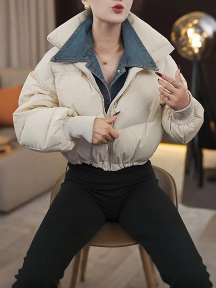 

Trendy Denim Collar down Cotton Jaet Women's Loose Warm Meat Concealing Cotton Clothes Outerwear Versatile Faionable