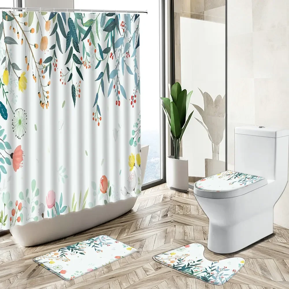 Green Plants Rattan Leaves Shower Curtain Rural Watercolor Art European Style Decor Bath Mat Toilet Cover Bathroom Carpet set