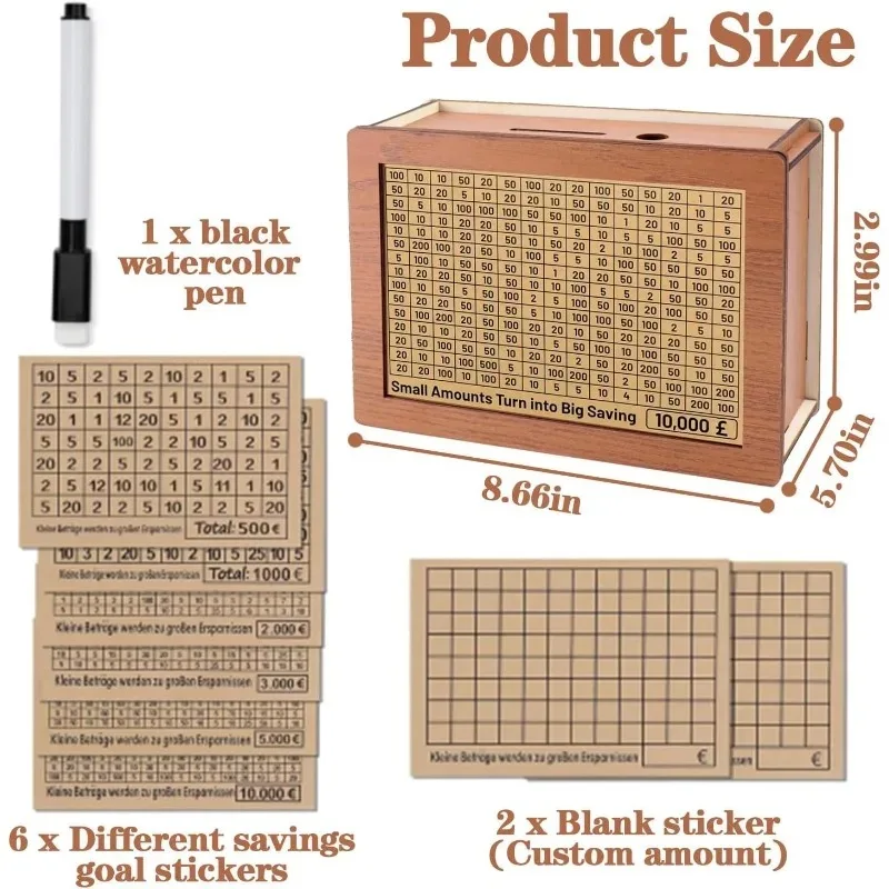 بنك نقود جديد مع صندوق نقود خشبي، صندوق توفير نقدي للبالغين، صندوق توفير أموال خشبي لتوفير الهدف بنفسك