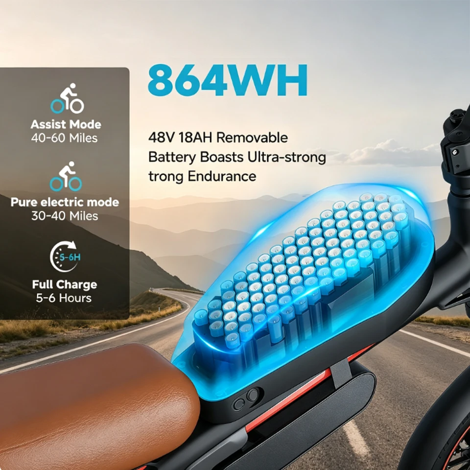 QNUT Electric Mountain Bike 1500W Peak Brushless Motor 48V 18AH Removable Battery 20"*4.0"Fat Tire Full Suspension All‑Terrain Off‑Road Vintage Chopper Ebike Mountain Dirt Bike Ship From US Warehouse image 6