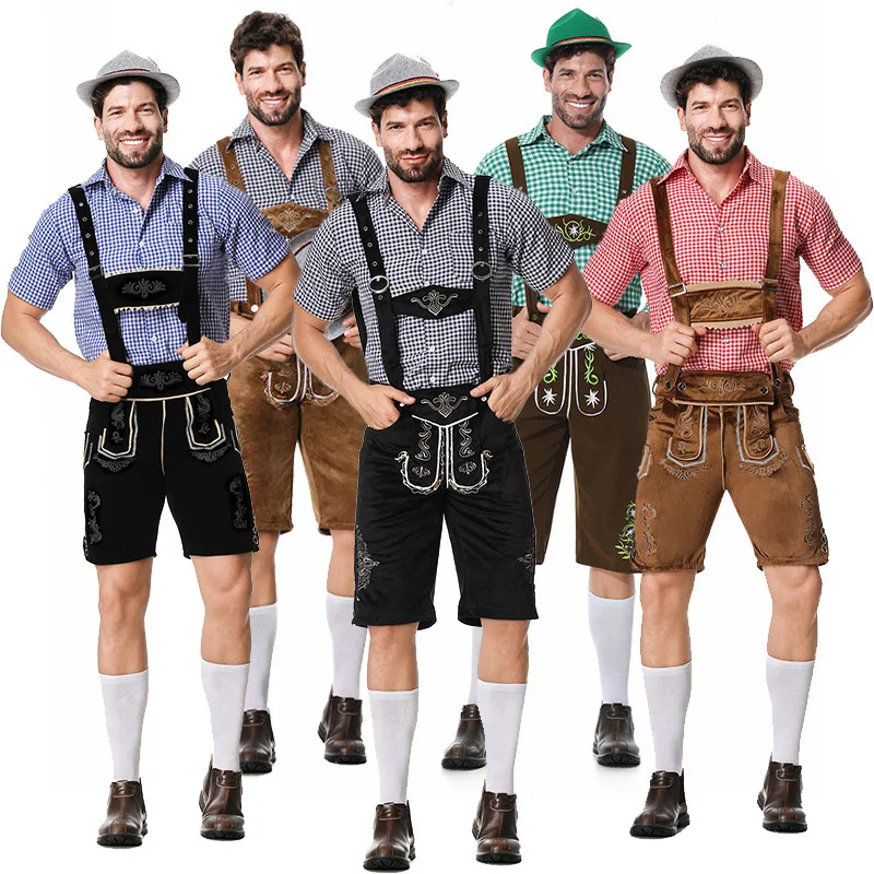 

Adult Men's Germany Munich Oktoberfest Costume Plaid Shirt Bib Pants Cowboy Hat Suit Menswear