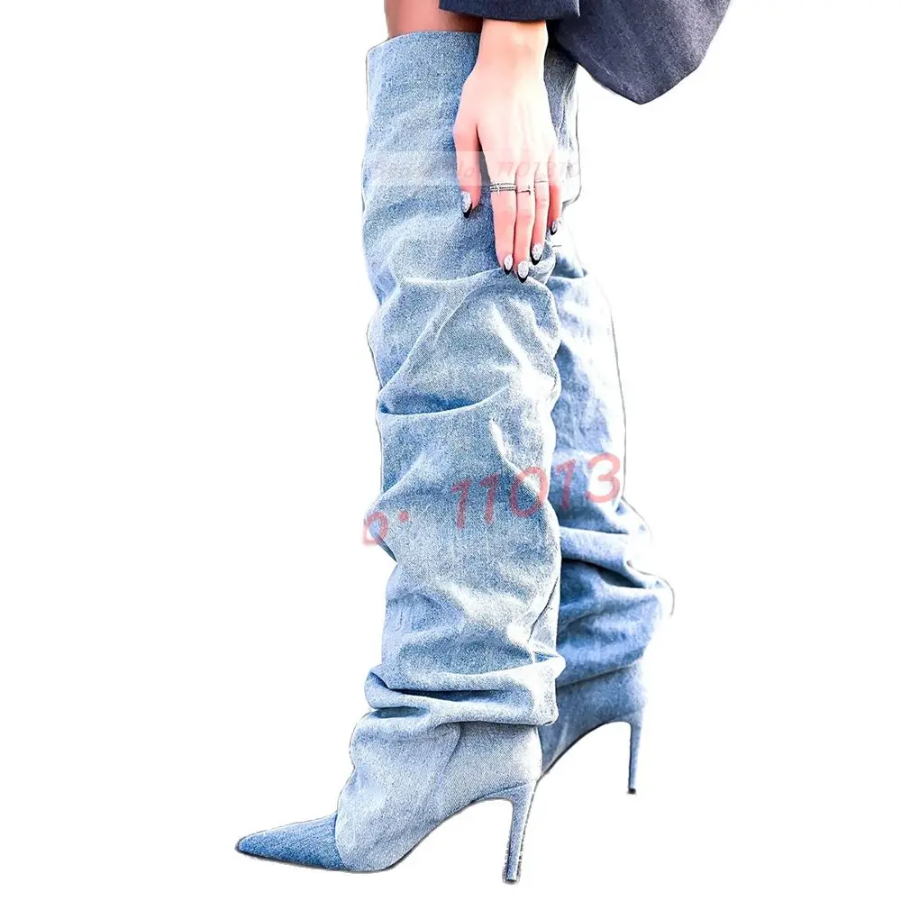 Pointy Denim Thigh High Boots Women 2023 Blue Patchwork Streetwear High Heels Pleated Shoes Spring Trends Outfit Ladies Boots