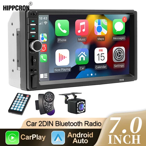 Hippcron-receptor estéreo de Radio para coche, 7 pulgadas, 2 din, con Cable, Carplay y Android, reproductor Multimedia de Audio Mp5, FM, USB, BT, tarjeta TF