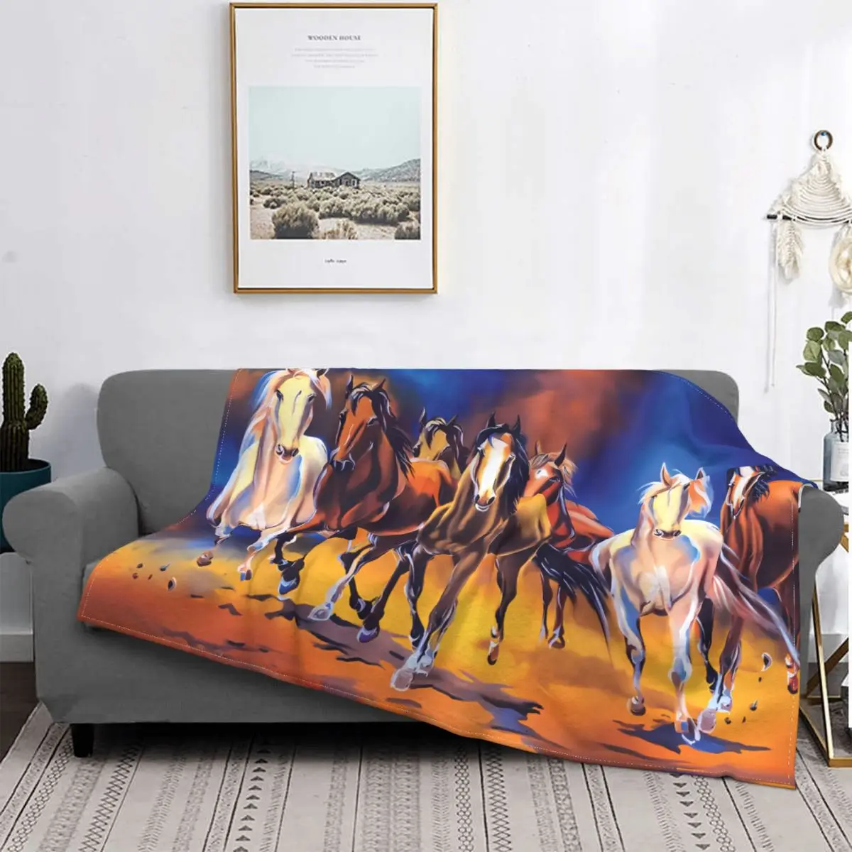 Seven Horse Oil Painting Galloping Horses Blanket Flannel All Season Super Warm Throw Blankets For Sofa Plush Thin Quilt