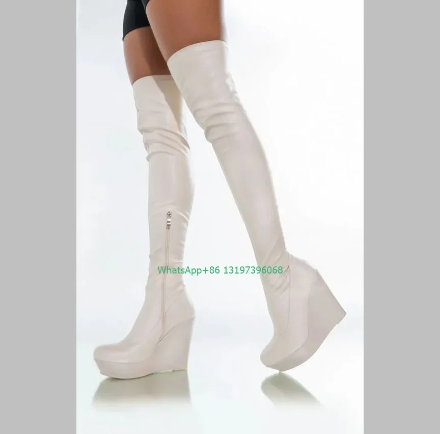 Botas de tacón por encima de la rodilla con cuña de PU blanca para mujer, botas informales con cremallera lateral y plataforma, calzado de talla 46, botas sexys de baile punk