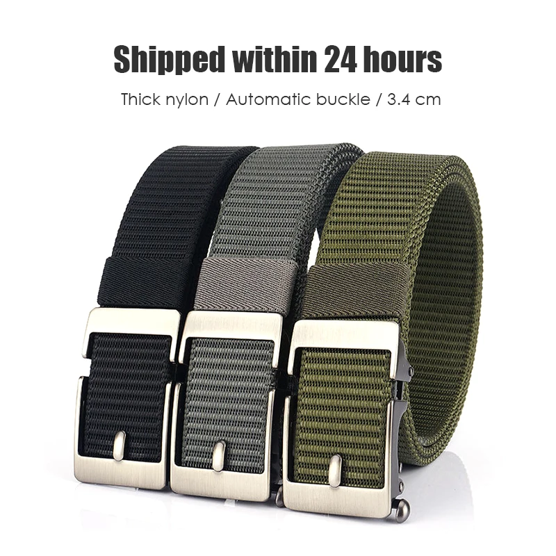 VATLTY 3.4cm Casual Belt for Men Alloy Silver Automatic Buckle Thick Nylon Military Tactical Belt Outdoor Hiking Girdle Male