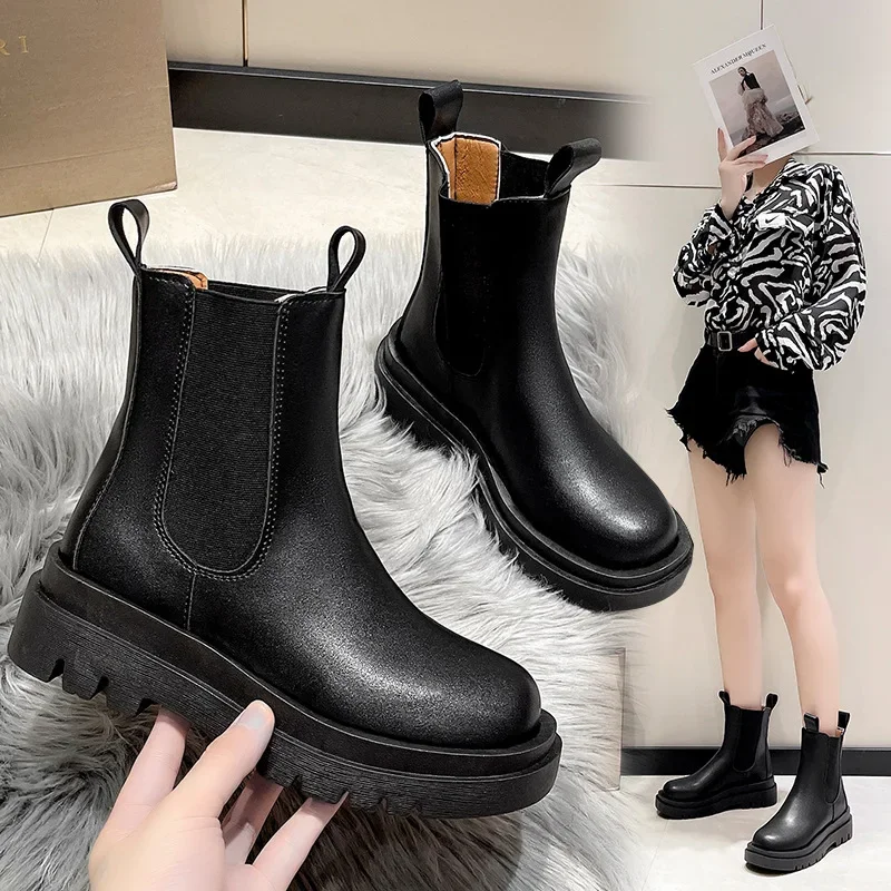 

Luxury Chelsea Boots Hot Women Shoes 2024 Autumn Winter Ankle Boots Warm Plush Shoes Slip on Female Footwear Zapatos De Mujer