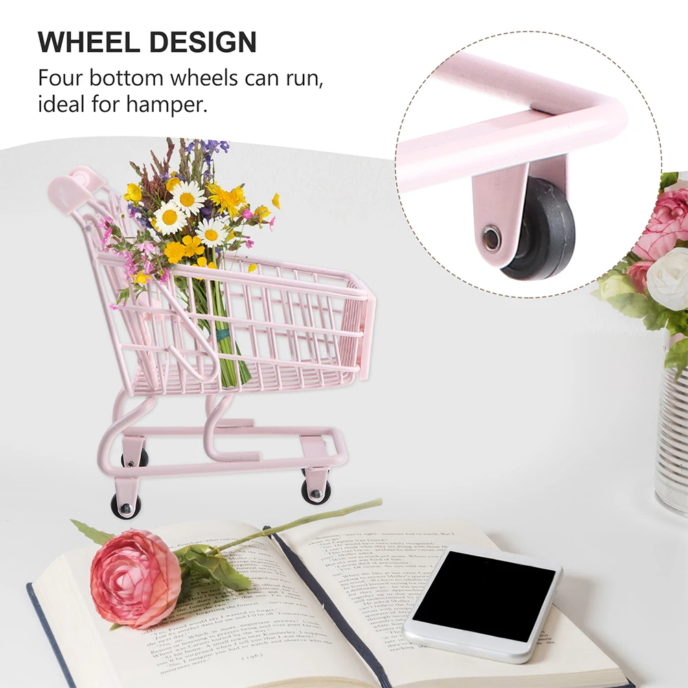 

Mini Shopping Trolley Cart Ornaments Baby Stroller Gift Basket Miniature Accessories