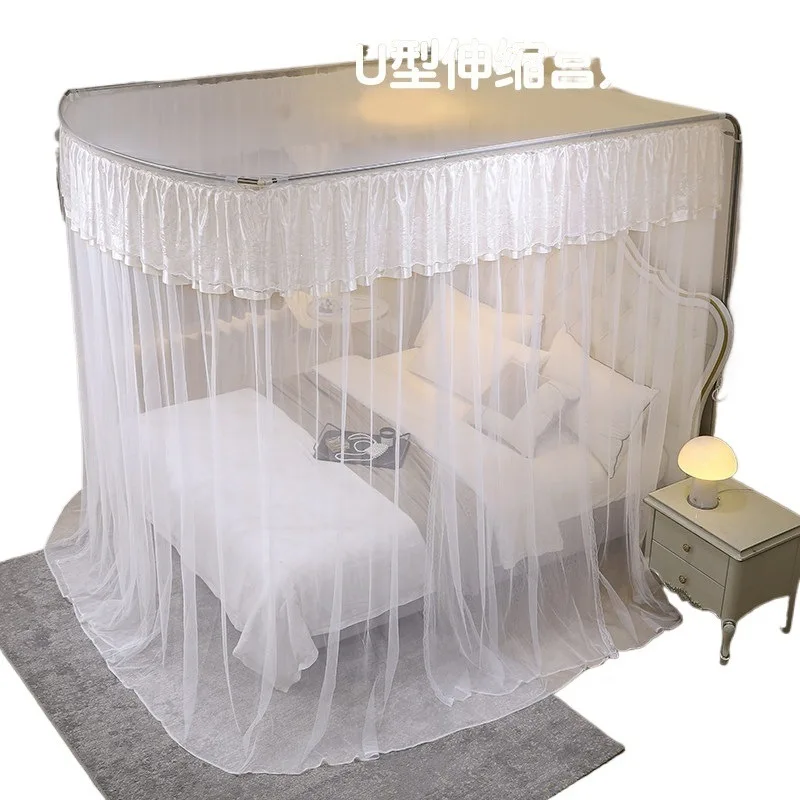 Fishing rod retractable u-shaped mosquito net, three-door household double court floor-to-ceiling encrypted steel bracket