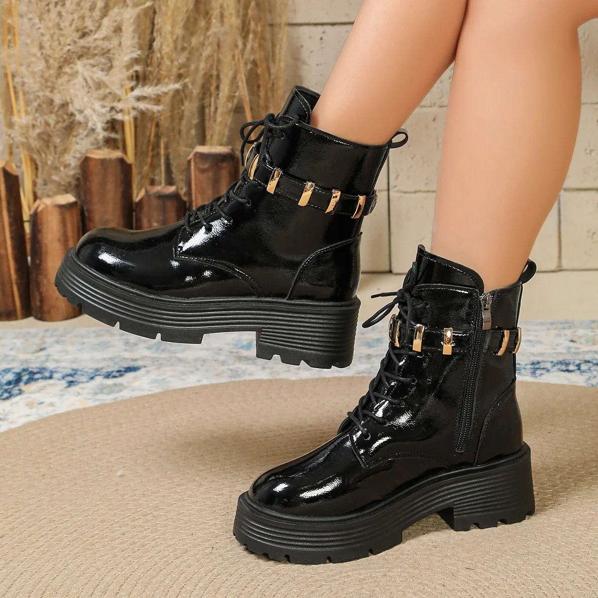 Women Black Combat Platform Boots Fashion Lace Up Zipper Pu Leather Short Boots Woman Thick Sole Non Slip Autumn Winter Shoes