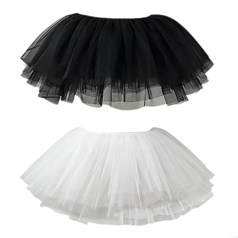 

P8DB Elastic Waist Ruffled Tulle Tutus Skirt 6 Layer 28cm White Petticoat for Women