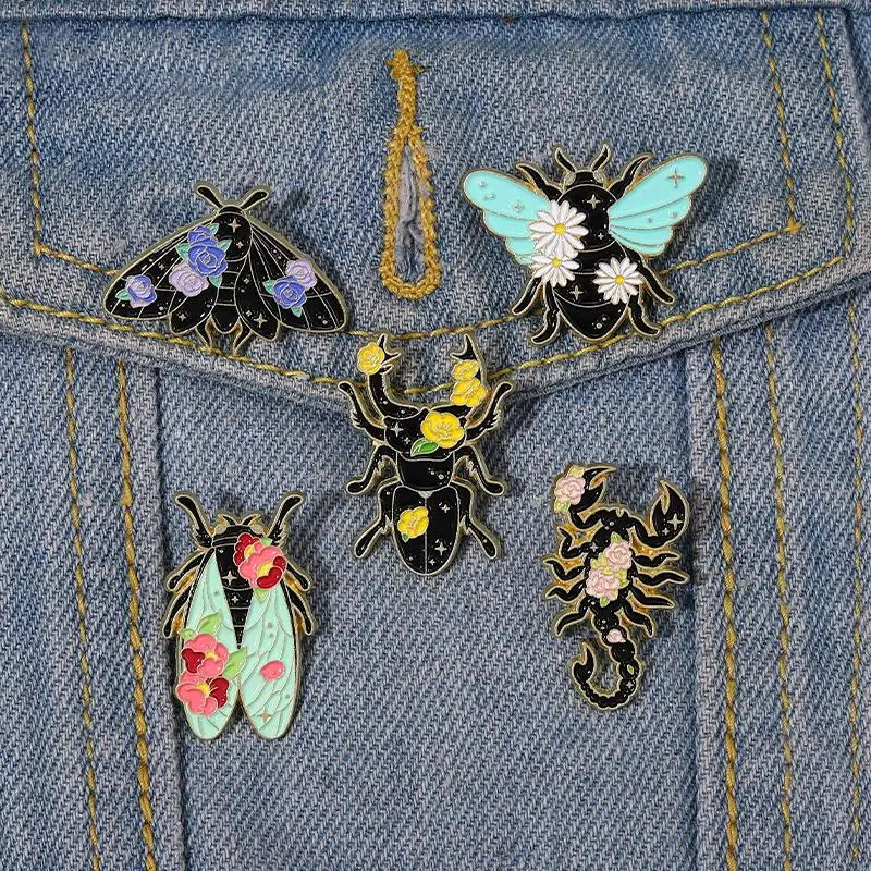 Floral Insects Enamel Pins Custom Nature Moth Cicada Scorpion Brooches Lapel Badges Funny Jewelry Gift for Kids Friends