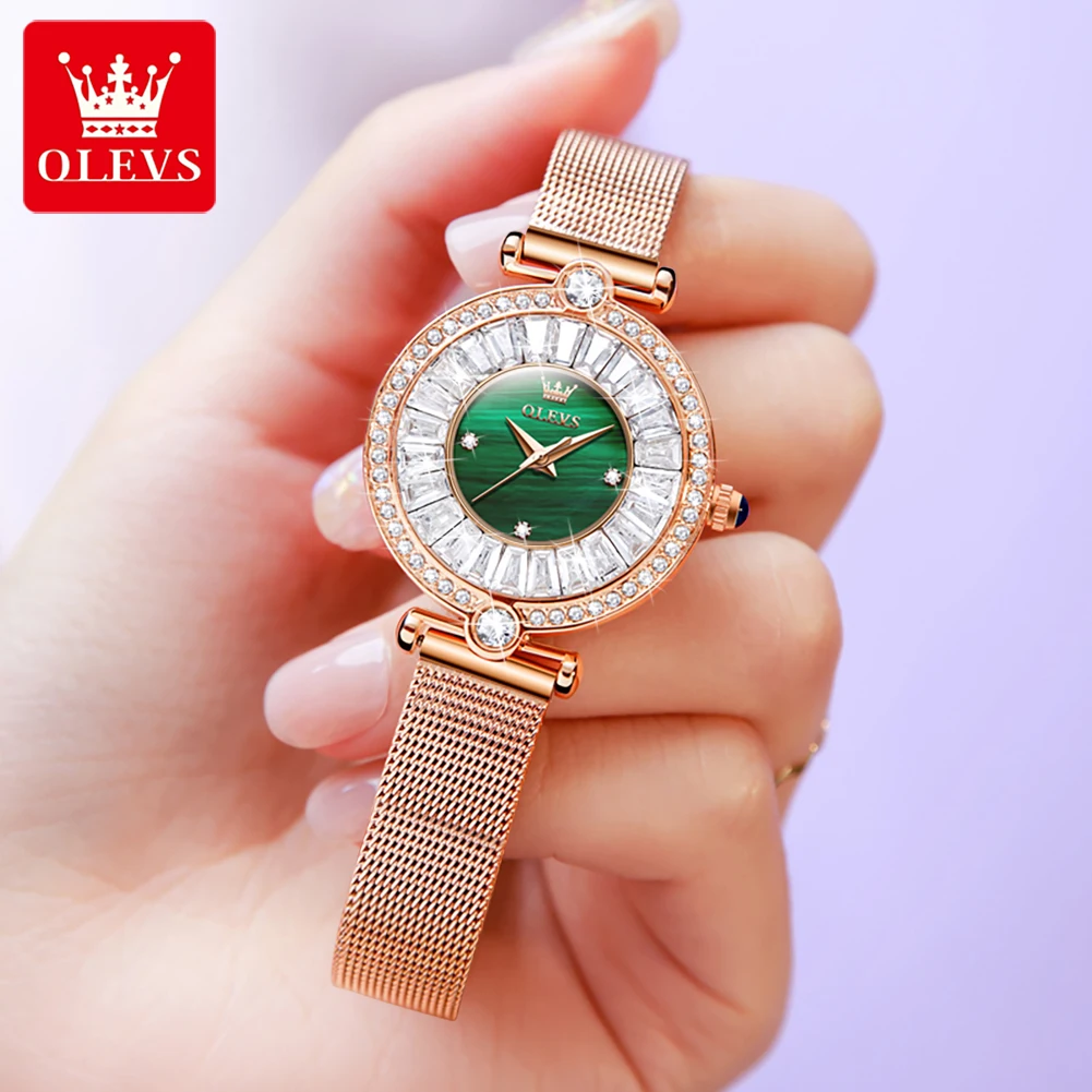 OLEVS Fashion Quartz Watch for Women Rose Gold Mesh Steel Strap Laides Dress Wristwatch Luxury Diamond Design Women's Watch New