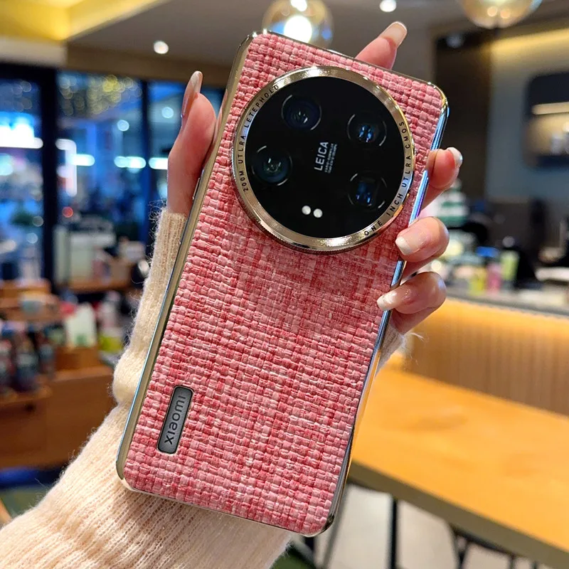 Dla Xiaomi 15 14 13 12S Ultra Case Retro Weave Woven Fabric Raised Metal Frame Camera Lens Protection Plating Cover Braided