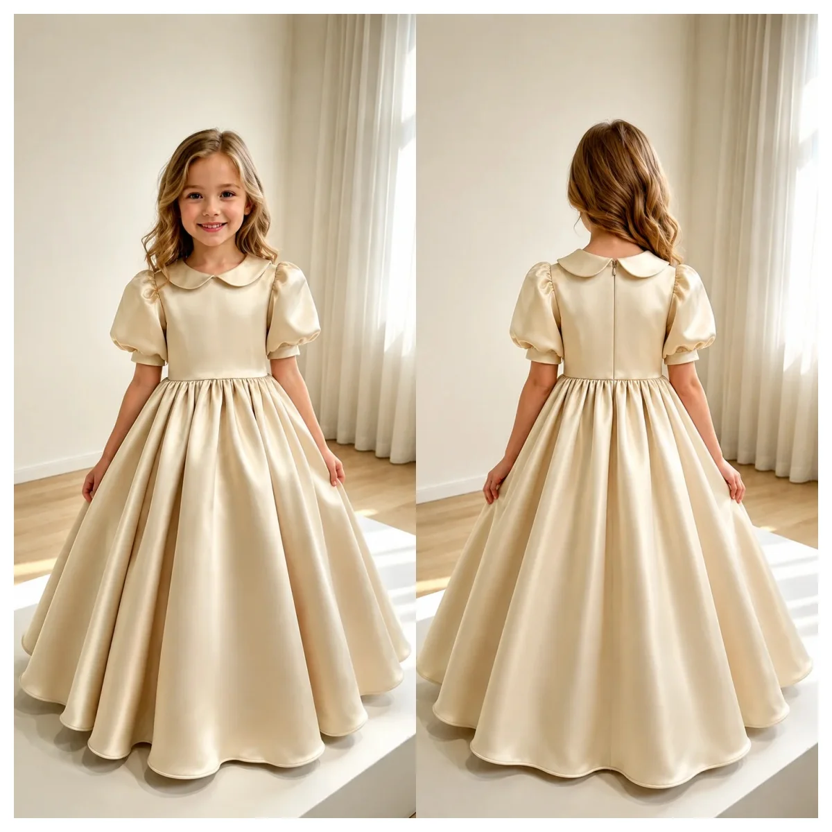 Princess Flower Girl Dress for Wedding Little Girls High Waist Ball Gown with Peter Pan Collar & Puff Sleeves Custom Party Dress