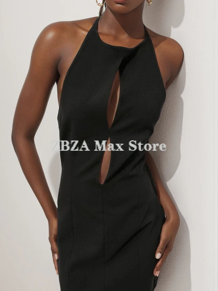 ZBZA Jewel Bow Cut Out Halter Dress Hanging Neck Revealing Back Slim Fit Solid Hidden Zipper Skirts Summer New Female Chic Dress