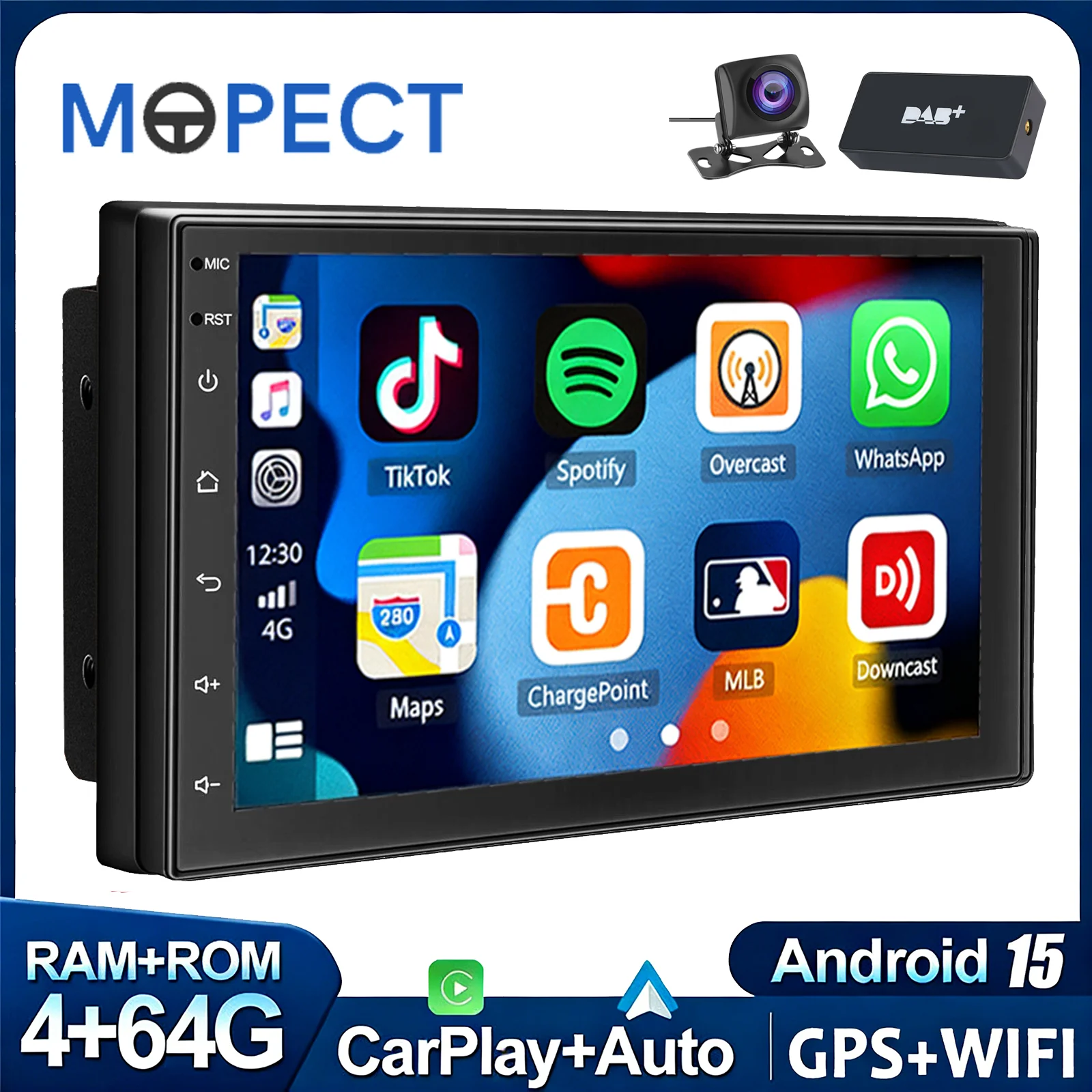 MOPECT DAB+ 7 Zoll 4+64G Universelles Autoradio Doppel-DIN Android 15 CarPlay GPS-Navigation Touchscreen Bluetooth RDS/FM SWC
