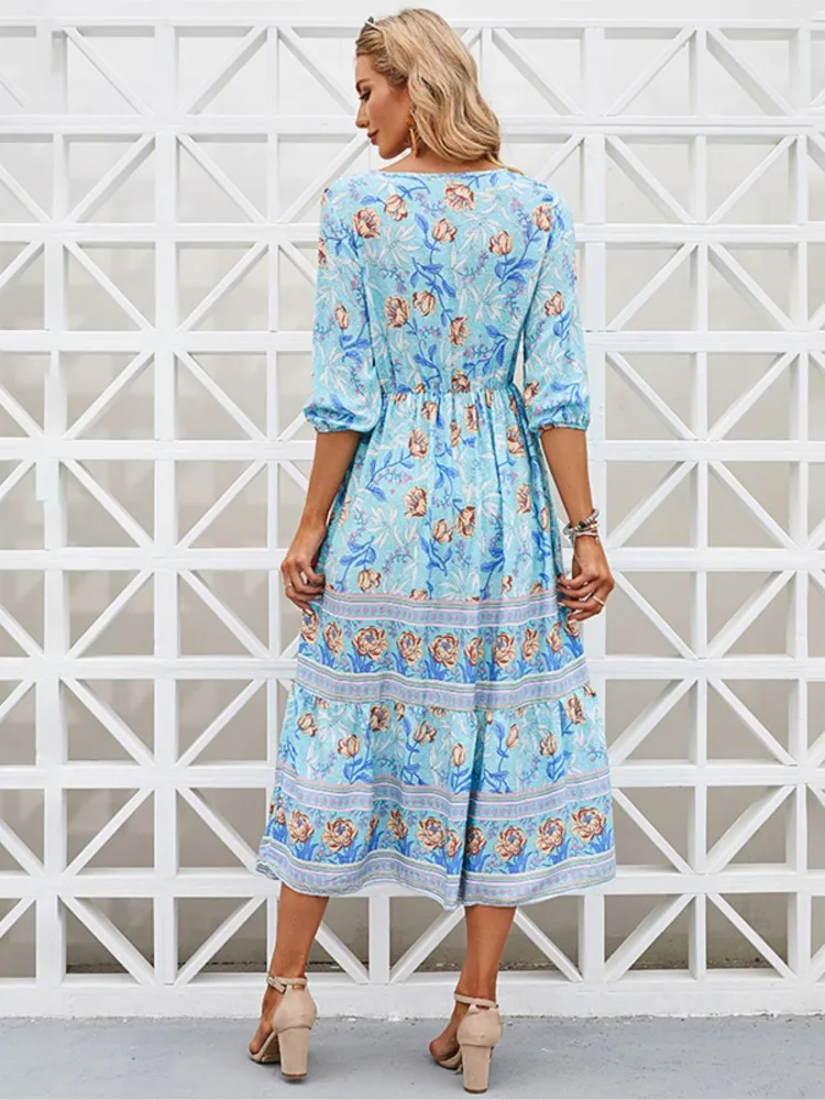 Spring summer Floral Print Bohemian Dress Women V-Neck High Waist Street Causal Beach Dresses  Elegant Women's Dress Robe