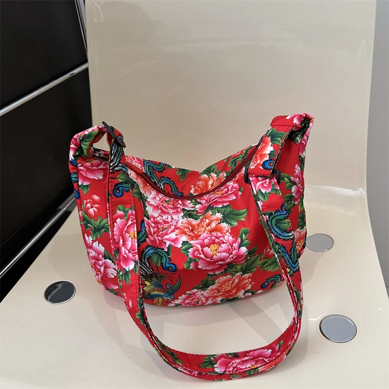 2024 New Trendy Versatile One Shoulder Crossbody Bag for Women Personalized Hobos Bags Chinese Style Flowers Canvas Handbag