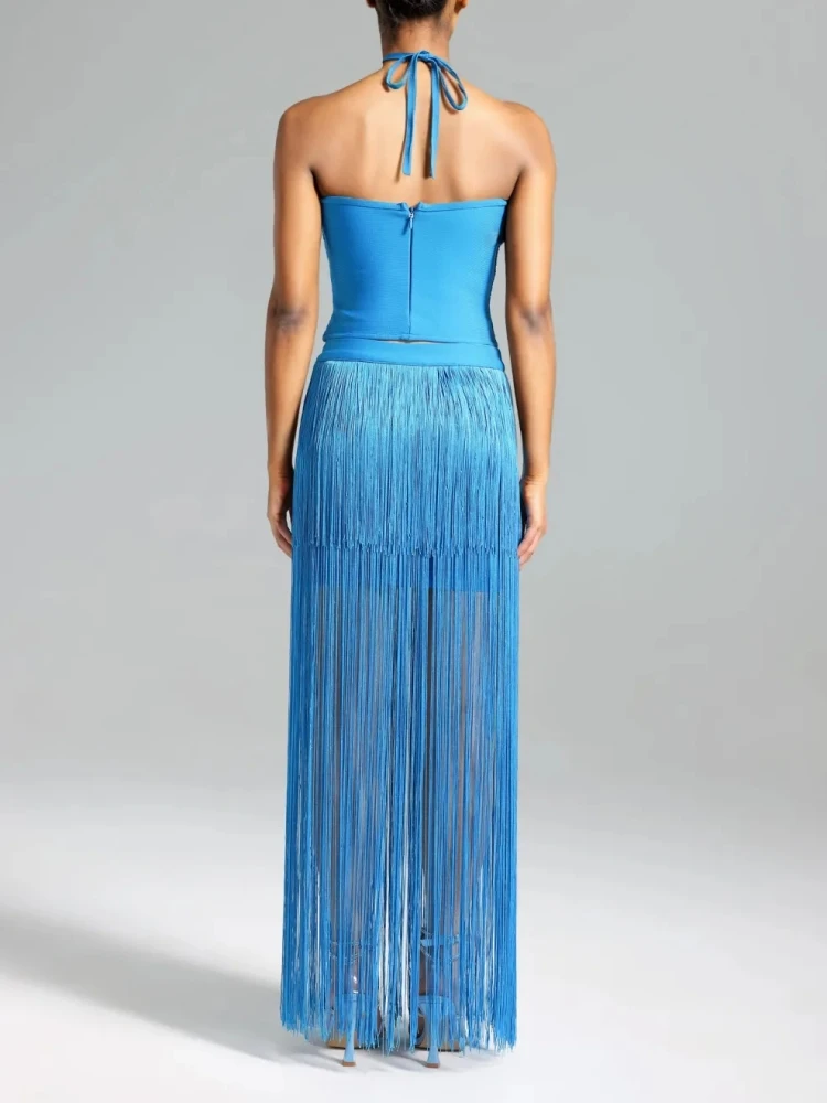 Sexy Tassel Design Two-Piece Set Women Blue Halter Backless Crop Top + Fringe Bandage Skirt Suits Evening Party Club Sets