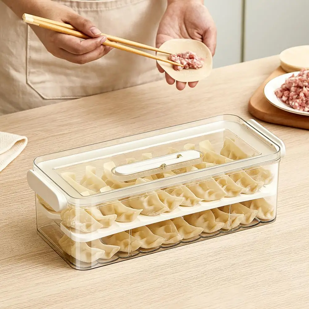 

Transparent Dumpling Box with Handle Single/Double Layer Stackable Large Capacity Dust-proof Cover Refrigerator Organizer