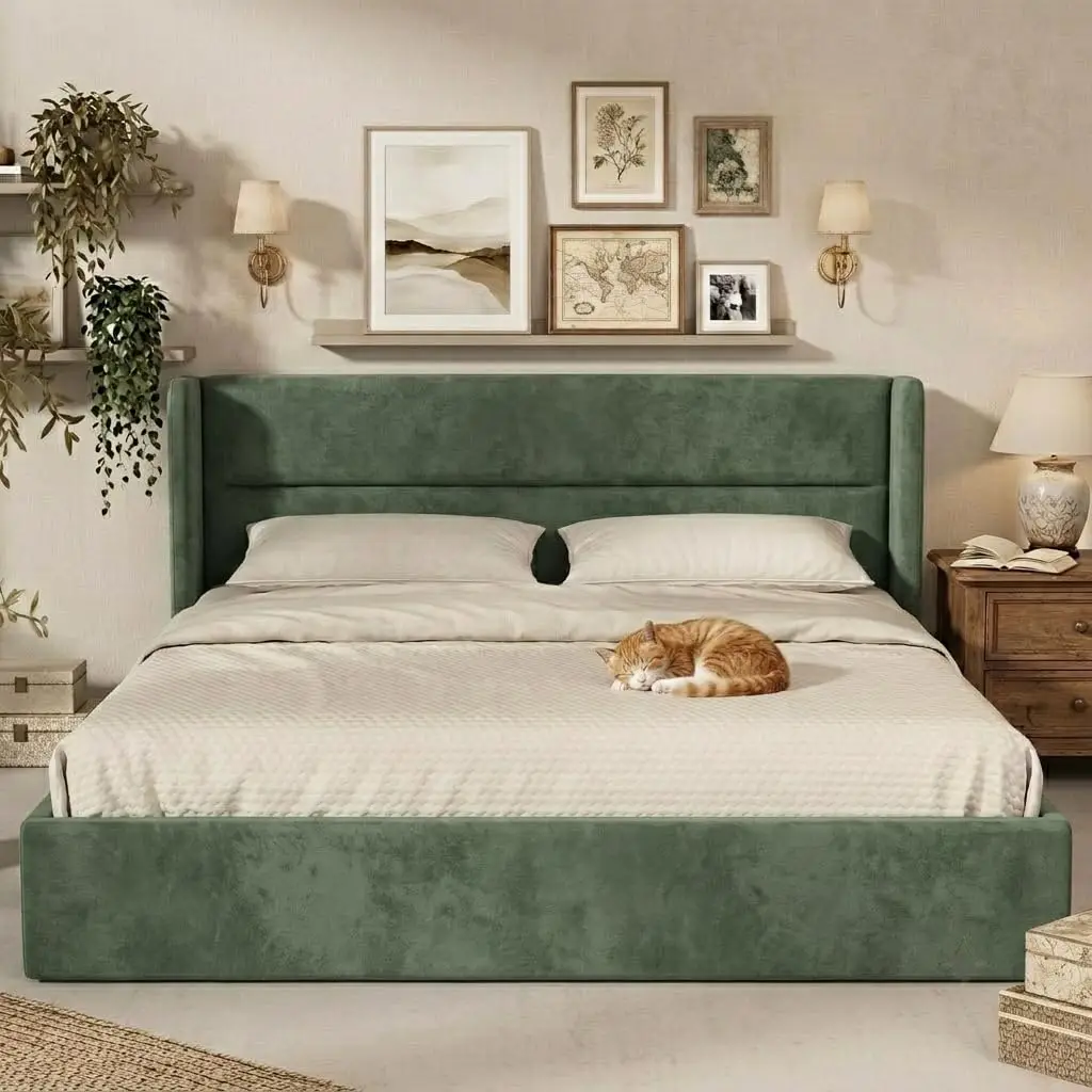 Upholstered Storage Bed Frame with Lift Up Function & Wingback Headboard, Heavy Duty, Customized