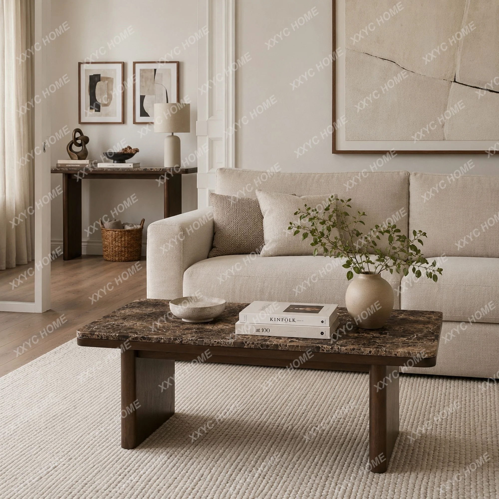 Minimalist solid wood marble coffee table high-end new Chinese tea table villa model room rectangular coffee table
