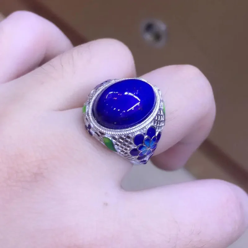 

s925 silver ring female mosaic with natural lapis lazuli cloisonne filigree adjustable women's silver ring