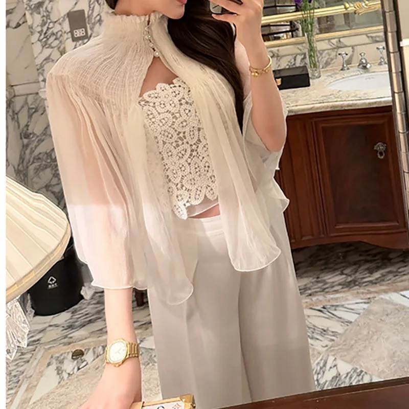 

Spring 2026 Early Embroidered Micro-Transparent Cloak Top Tank Vest Two-Piece Set Women's Commute Sle Loose Fit Seven-Sve