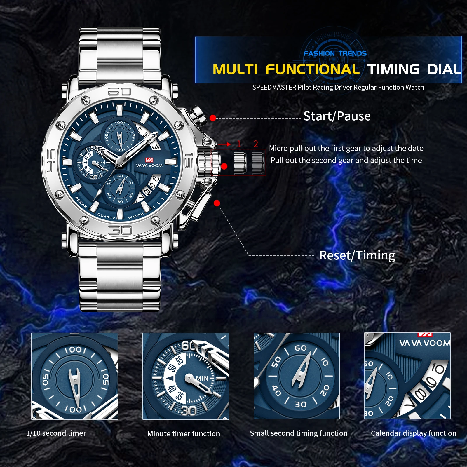 VA VA VOOM Chronograph Watch For Men Calendar Luminous Waterproof Man Clock Male Luxury Stainless Steel Men Quartz Watches Reloj image 2
