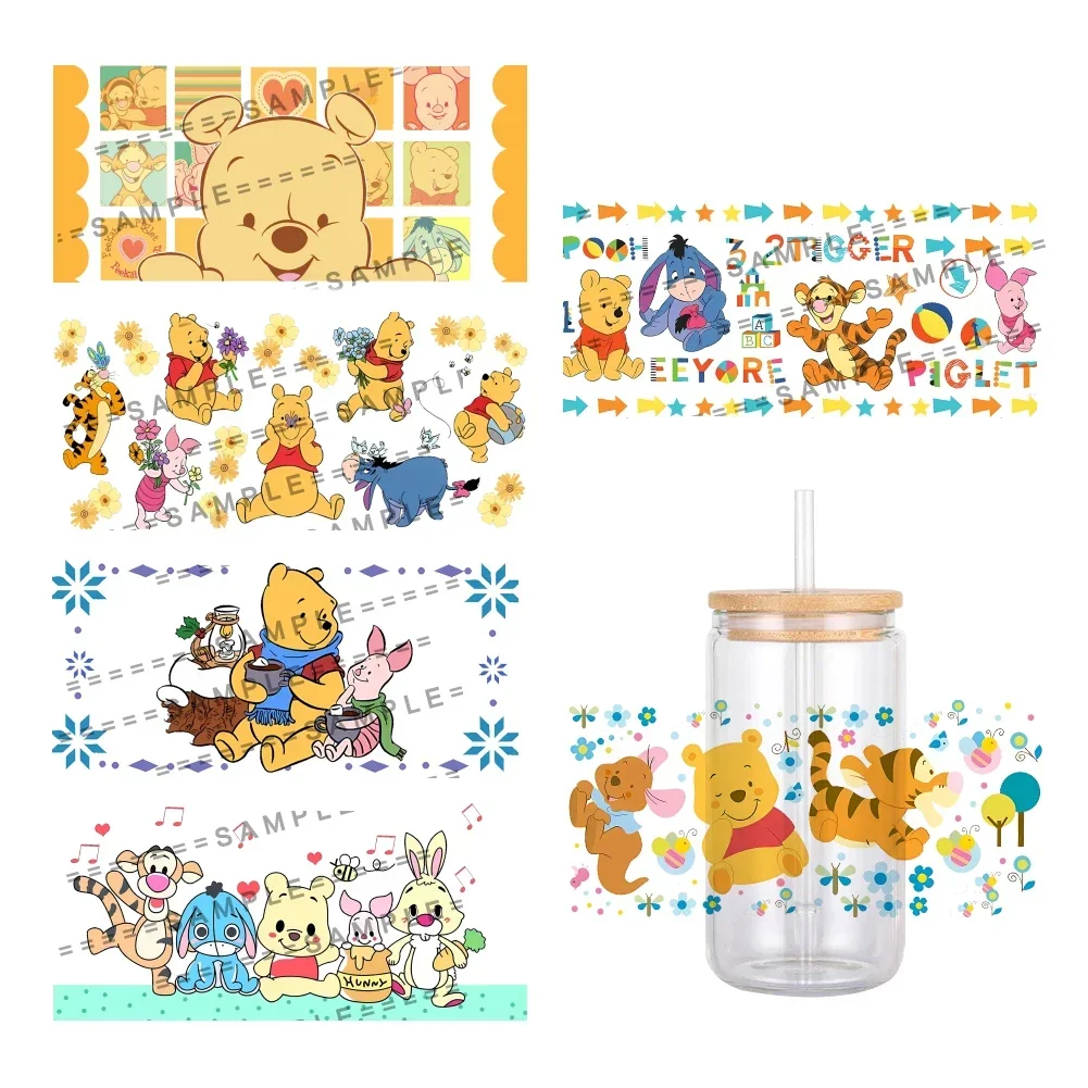 Cute Disney Winnie the Pooh Urso Dos Desenhos Animados Transferência Adesivo, Impermeável Transferências Decalques para Copo De Vidro 16oz, Envoltório Adesivos, UV, DTF