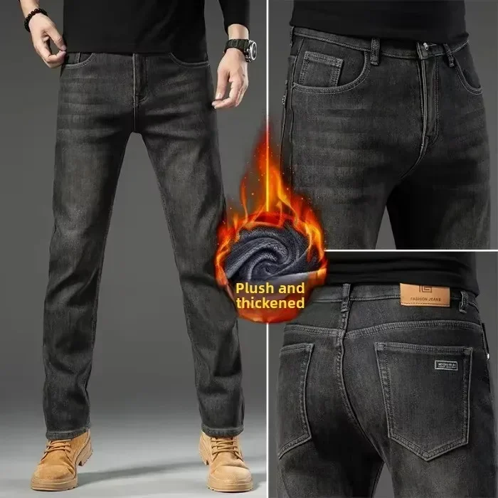 Celana Jeans Musim Dingin Berkualitas Tinggi Baru Model Kasual Lurus dengan Lapisan Bulu Tebal Longgar Hangat untuk Luar Ruangan Celana Panjang Streetwear Pria