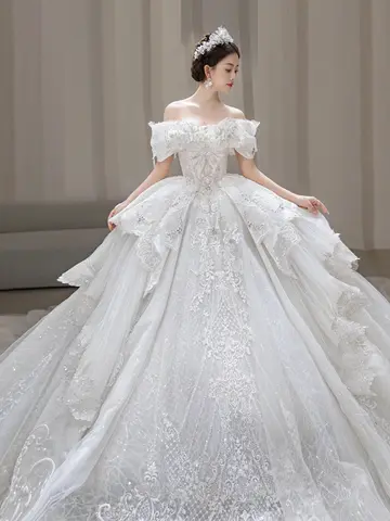 새로운 럭셔리 오프 숄더 웨딩 드레스, 레이스 아플리케, 보트 넥, 신부 드레스, 볼 가운, 큰 꼬리와 Vestido De Noiva, 2023