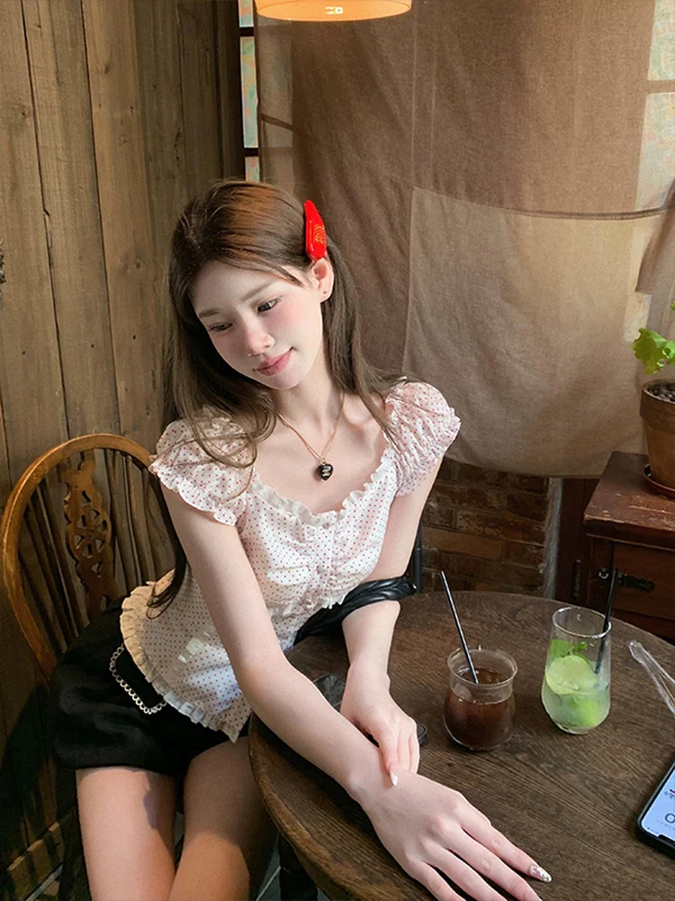 Dolce Polka Dot ort Sve irt Slim Fit ort Lunghezza Top ingombrante in vita Coreano Sle Bubble Sve Chiusura con bottoni V-Ne