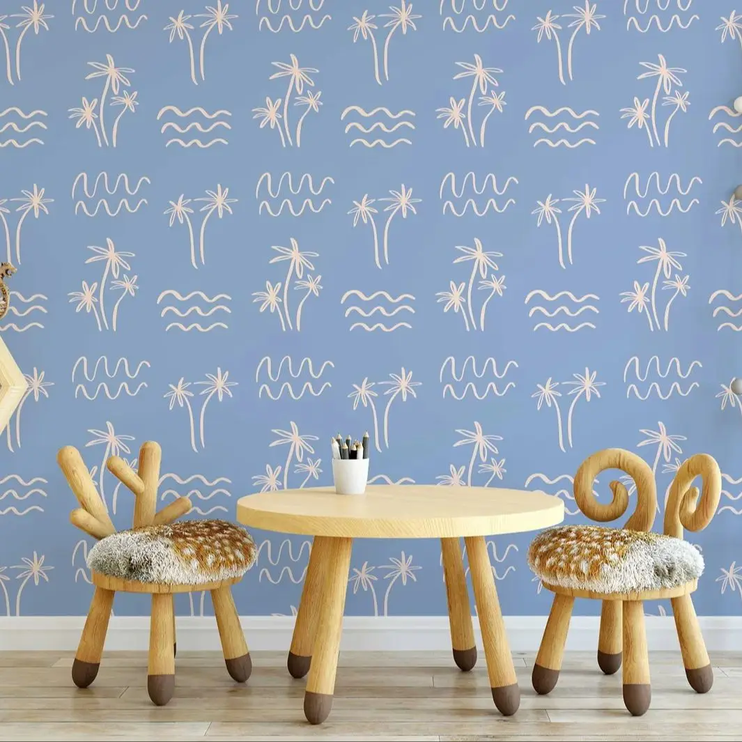 Blue Beach Peel and Stick Wallpaper,Trees Boho Wall Mural For Room Decoration,Self-adhesive Or Traditional Non-woven Wall Papers