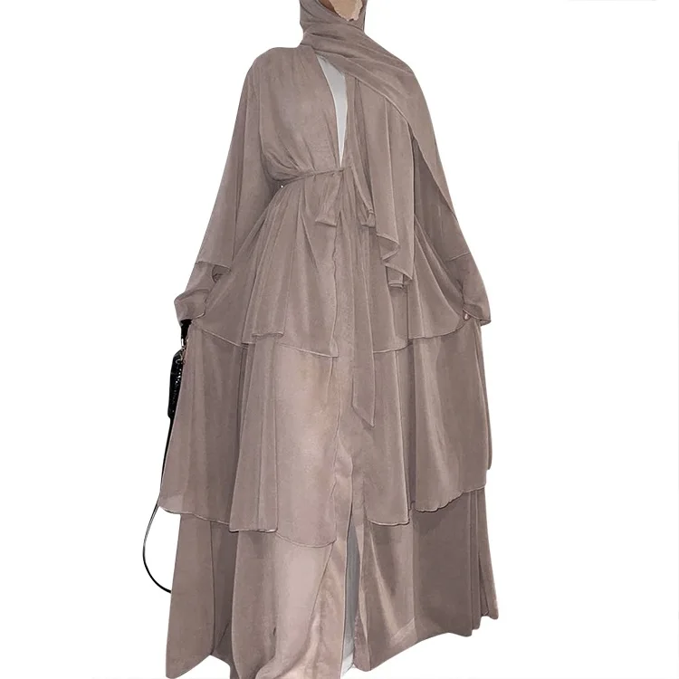 Mode Stiksels Moslim Jurk Vrouwen Drie-Layer Chiffon Elegante Abaya Ramadan Vest Hijab Marocain Jurk Gewaad