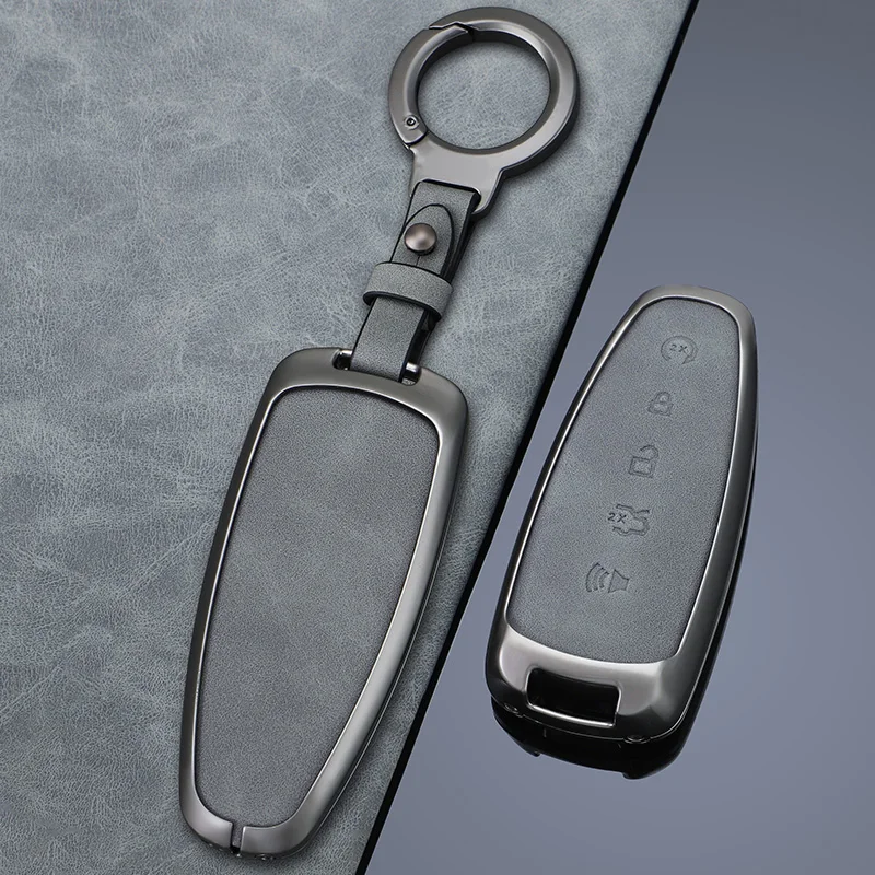 Zinc Alloy + Leather Car Key Case Cover for Ford Edge Explorer Escape Focus Taurus Flex Lincoln Navigator 5 Buttons Remote Key