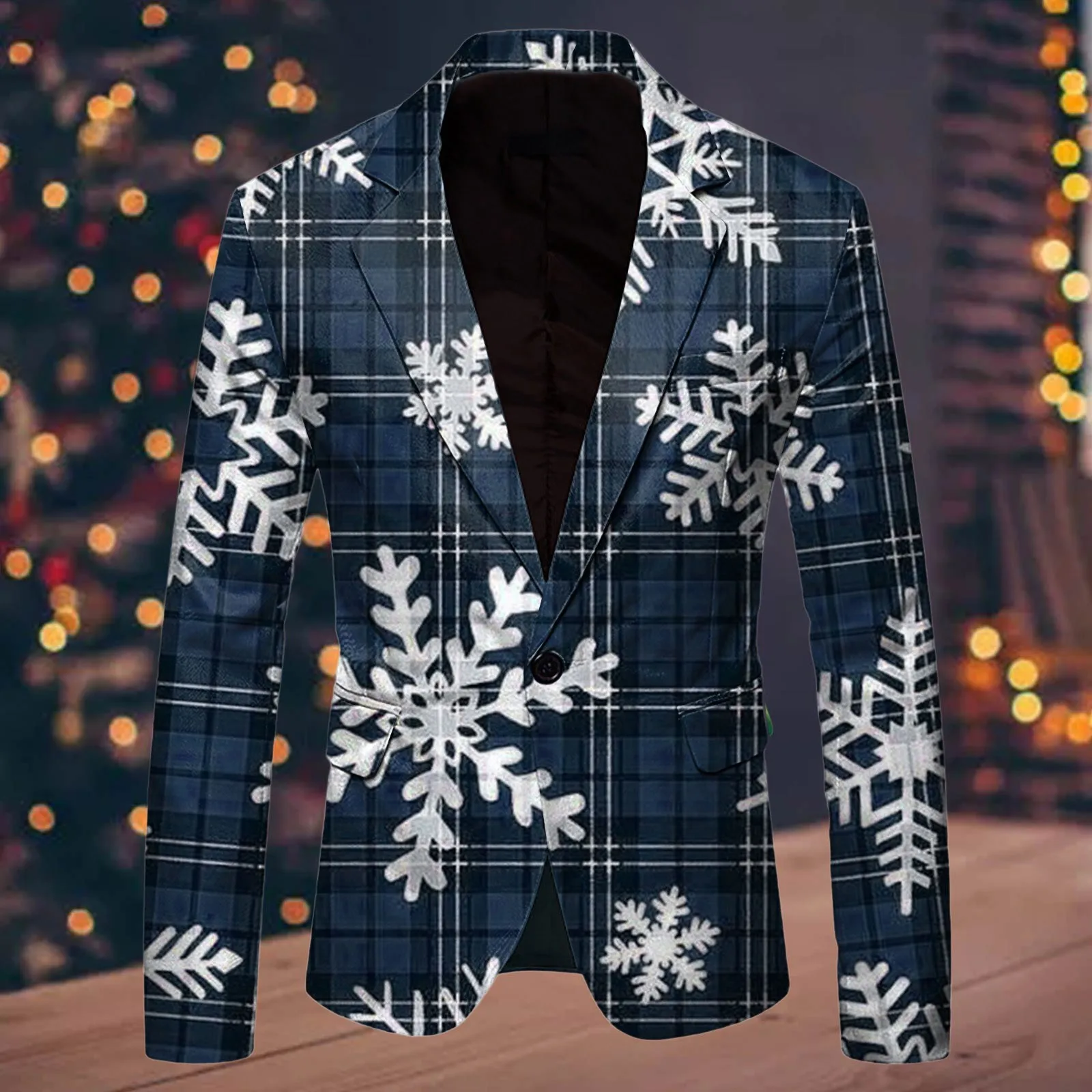 Snowflake Pattern Christmas Suit Jacket Men Blazer Fashion Leisure Christmas Printed Pocket Single Button Jacket Men\'s Clothing