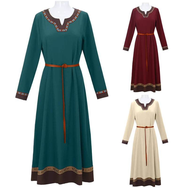 Vestido viking medieval feminino halloween renascentista campo quatro lados estilo étnico vestido médio