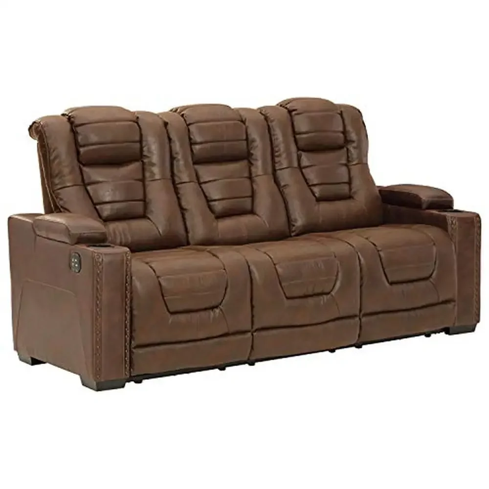 Brown Faux Leather Power Reclining Sofa with Easy View Headrest Control Cup Holders Hidden Storage 82.63