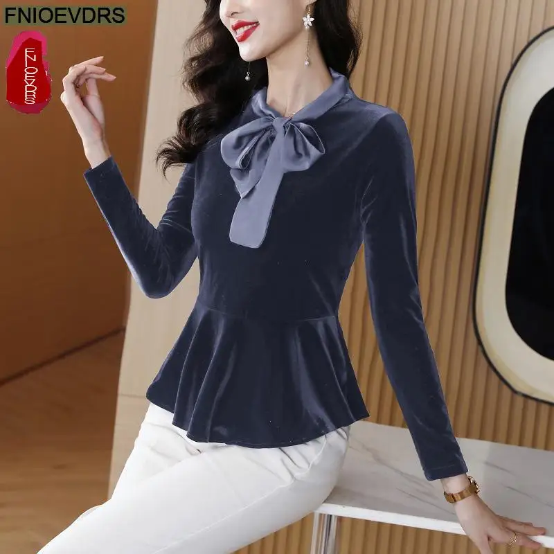 Office Shirts Basic Wear New Design Women Autumn Winter Work Lady Velvet Tops Long Sleeve Short Bow Tie Blouses