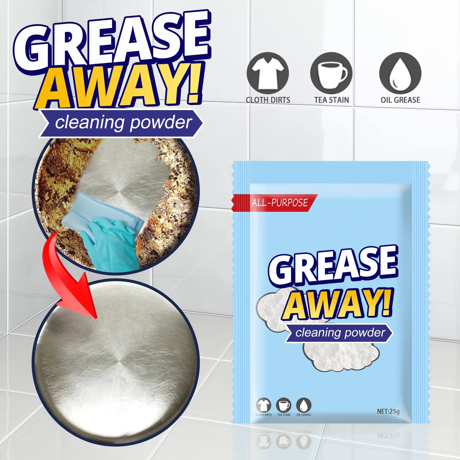 Grease Away Powder Stainless Steel Cleaner Multi-functional Purpose Stain Remover Pot Pan Degreaser All Purpose Cleaning Powder