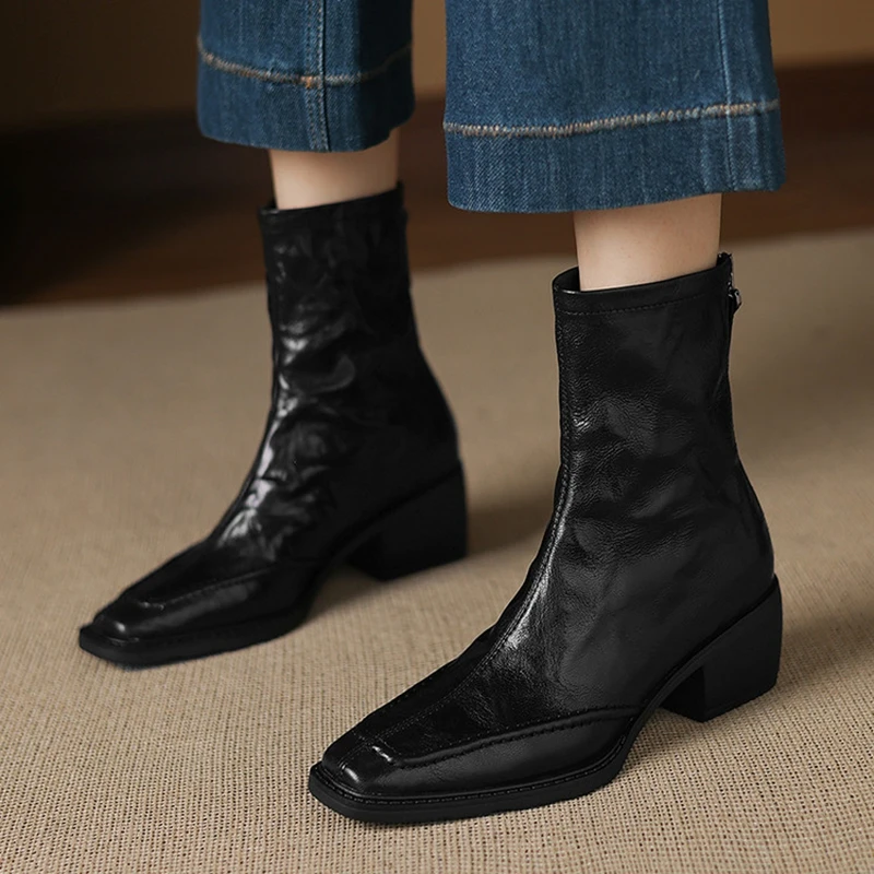 NEW Autumn Women Boots Square Toe Chunky Heel Shoes Genuine Leather Shoes for Women Short Modern Boots Daily Shoes Zipper Boots