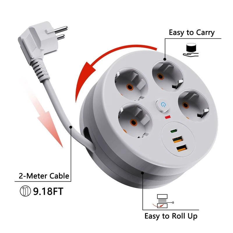 Power Strip Wall Socket Extender with 2.8 meter extension line 4 AC Outlets 2 USB Ports And 1 Type C EU Plug Charger Switch