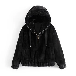 Causal Women Black Faux Fur Coats 2023 Fashion Ladies Zipper Jackets Streetwear Female Thick Hooded OuterCoat Chic Girl Coat