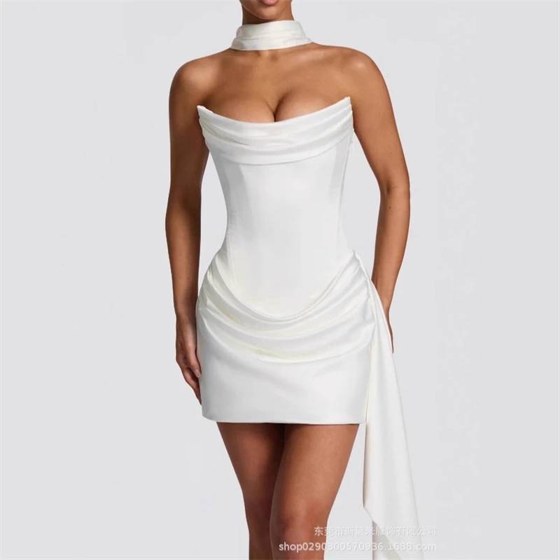 فستان قصير بدون حمالات مكشوف الكتفين مثير بدون ظهر مكشكش عالي الخصر للنساء أنيق للنوادي والحفلات الليلية والتاريخ وأعياد الميلاد