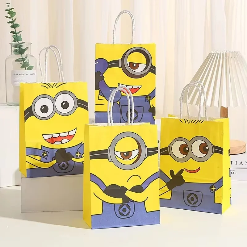 12/24pcs Despicable Me 4 Minions Birthday Theme Portable Paper Bag Cute Color Square Bottom Gift Packaging Bag Gift Storage Bag