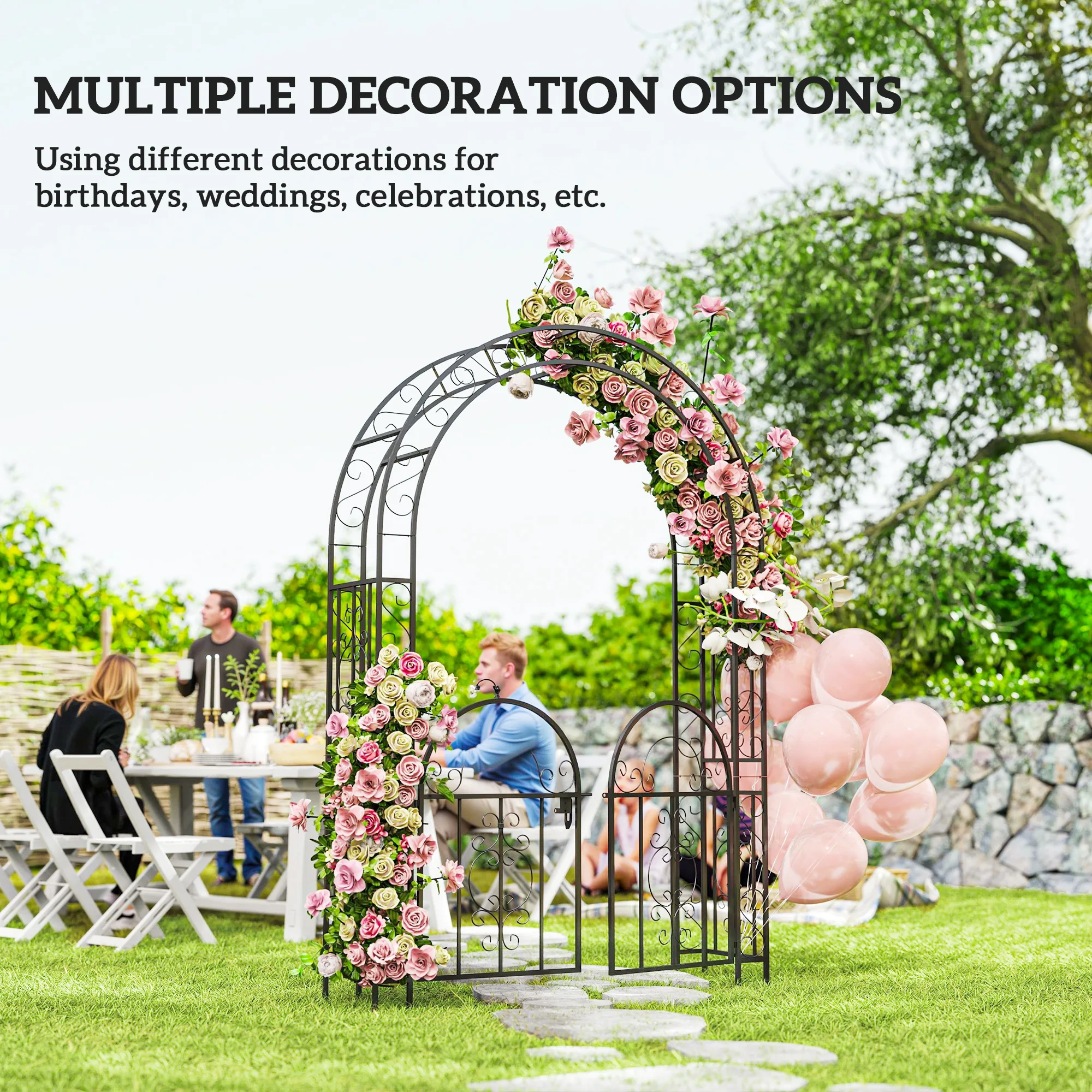 

Steel Garden Arch with Gate, Arched Trellis Climbing Plants Metal Planting Frame Wedding Arch Rack Decoration Rack